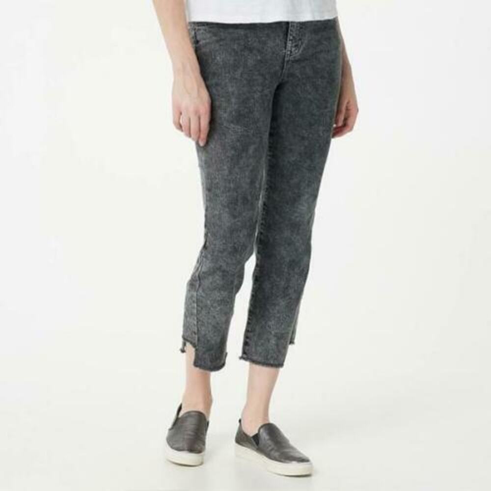 LOGO by Lori Goldstein | Black Acid Wash Mid Rise Straight Raw Hem Cropped Jeans